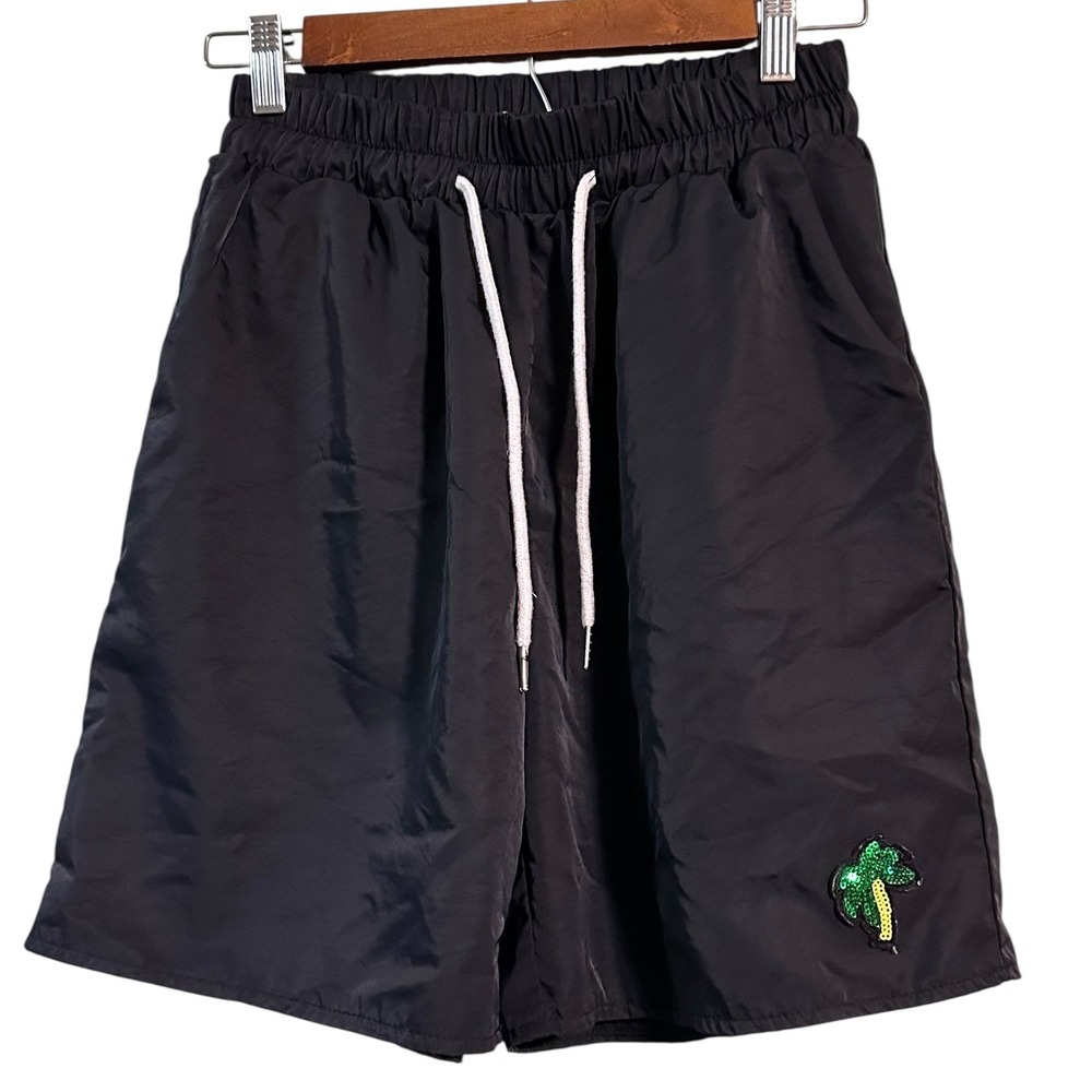 Romwe Black Palm Tree Sequin Drawstring Shorts Size‎ M